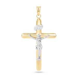 14P00087. - 14 Karat Yellow Gold 2 Tone Plain Jesus Hollow Tube Cross Pendant