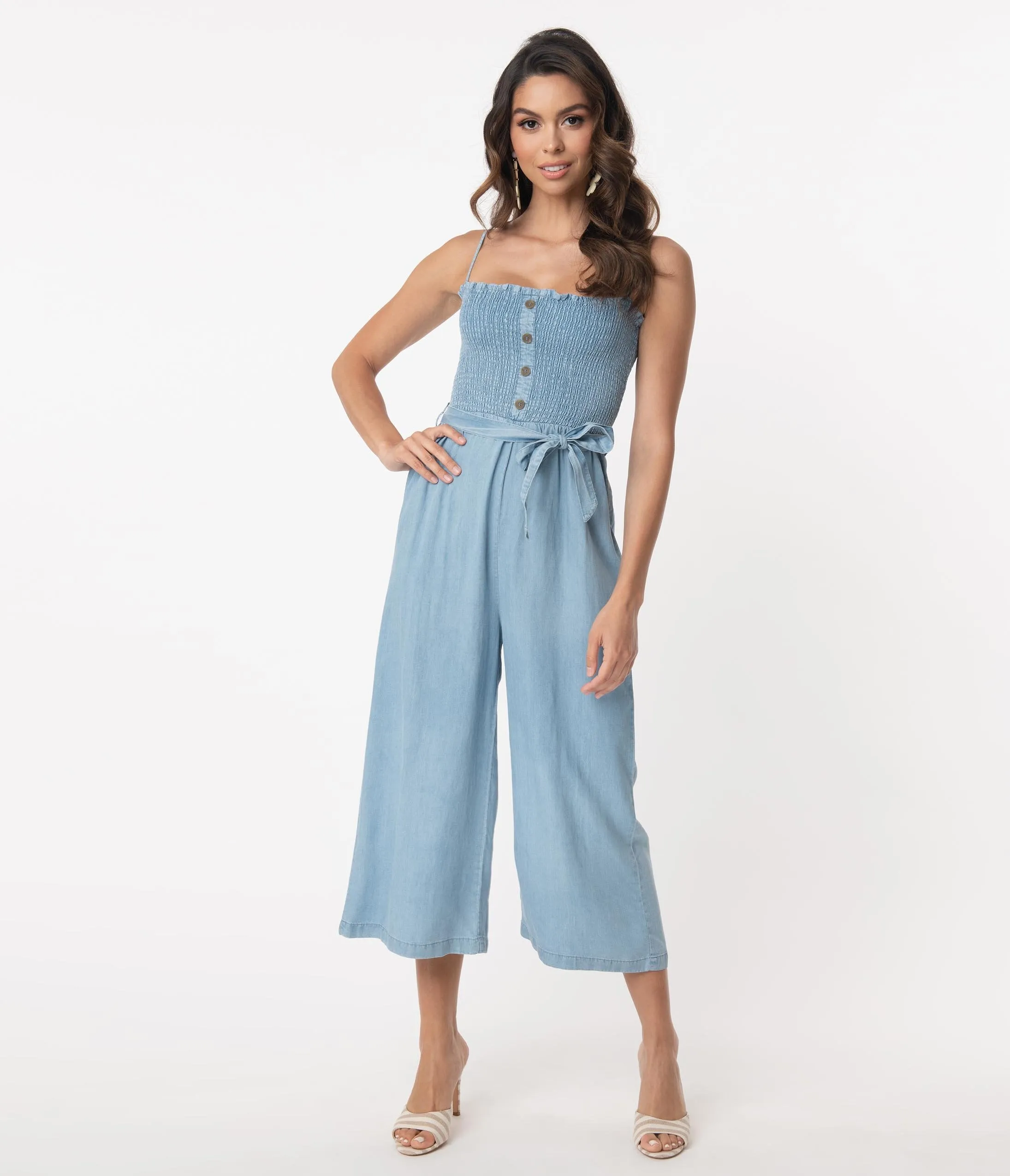 1970s Chambray Blue Cropped Jumpsuit