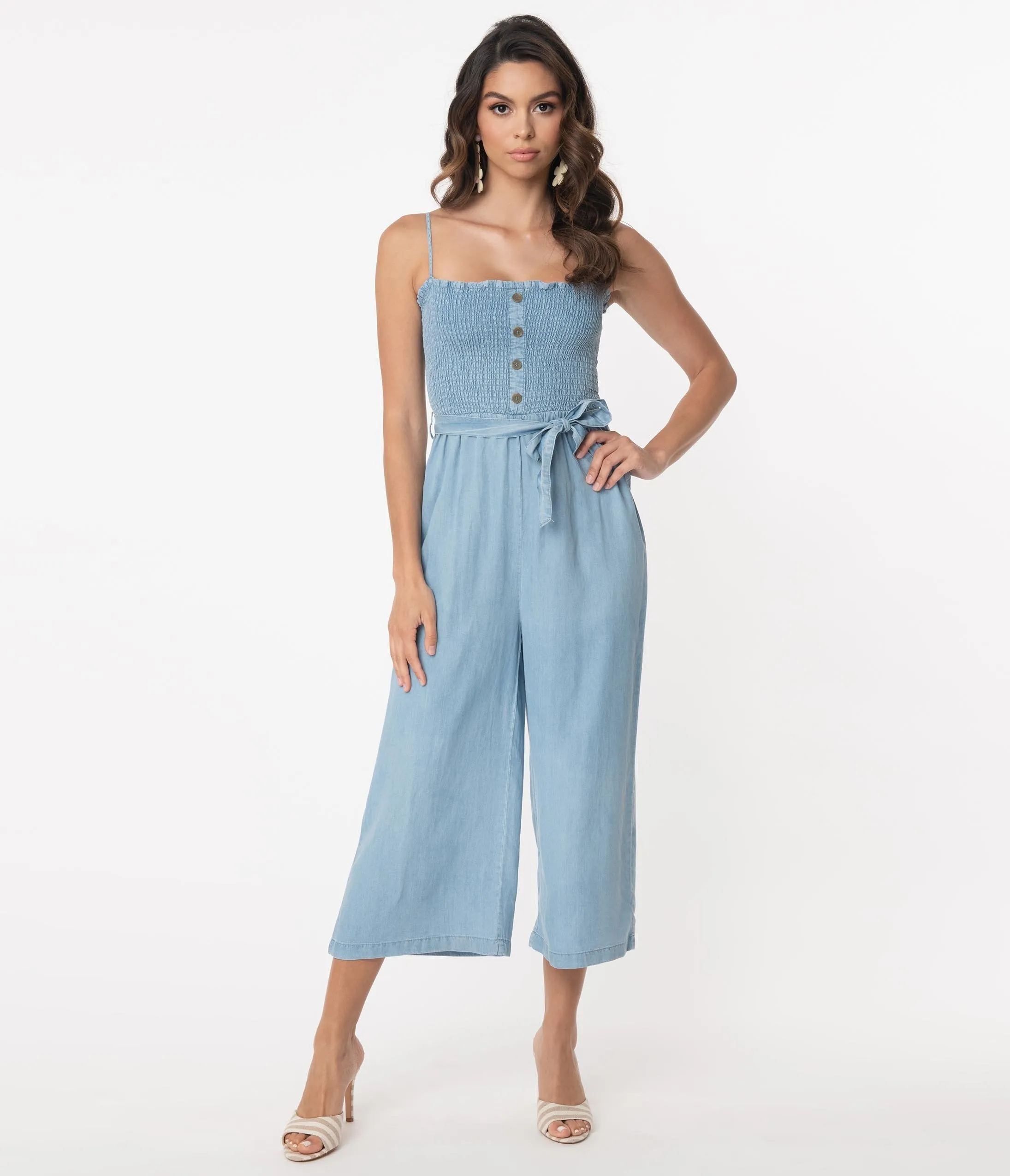 1970s Chambray Blue Cropped Jumpsuit