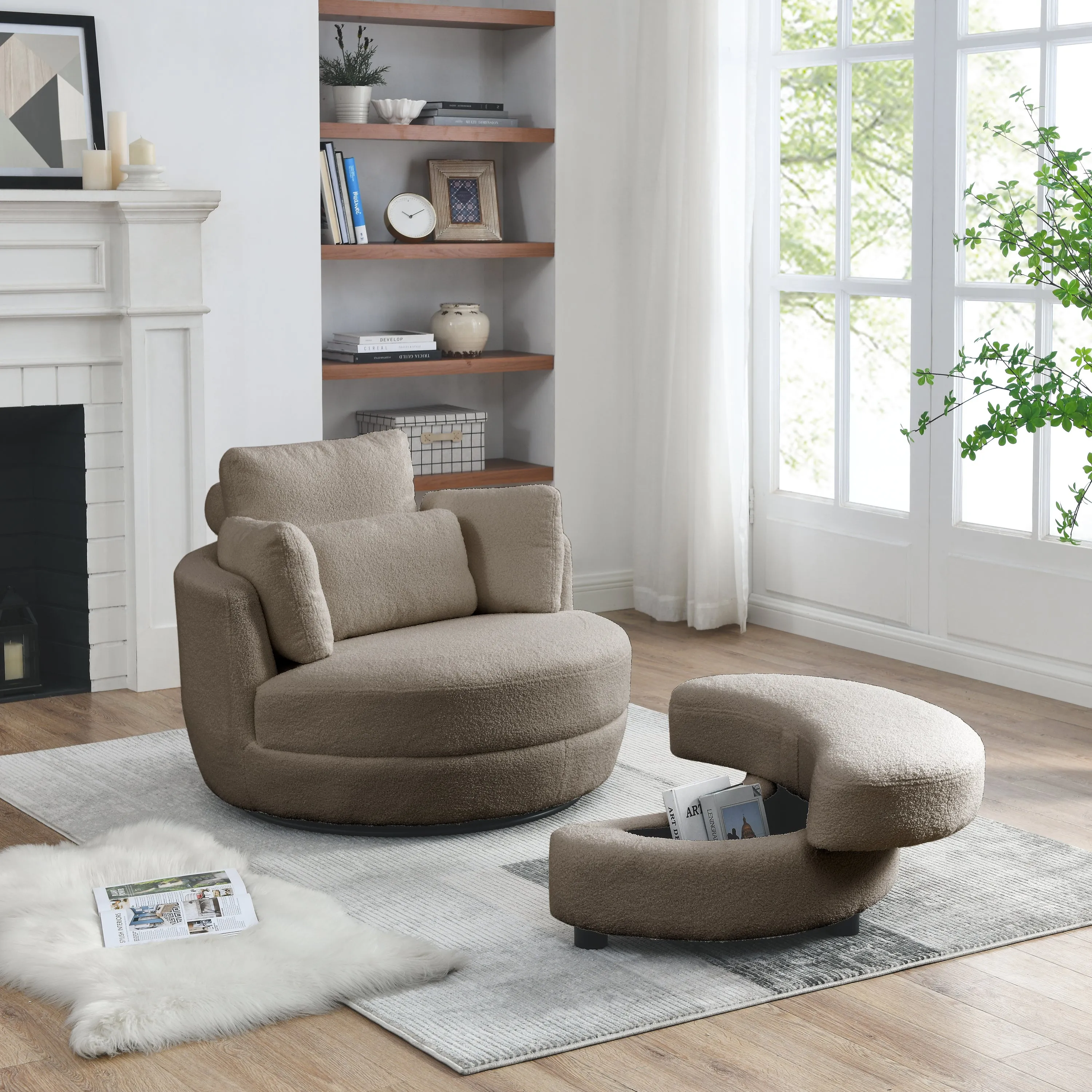 39"W Oversized Swivel Chair with moon storage ottoman for Living Room, Modern Accent Round Loveseat Circle Swivel Barrel Chairs for Bedroom Cuddle Sofa Chair Lounger Armchair, 4 Pillows, Teddy Fabric