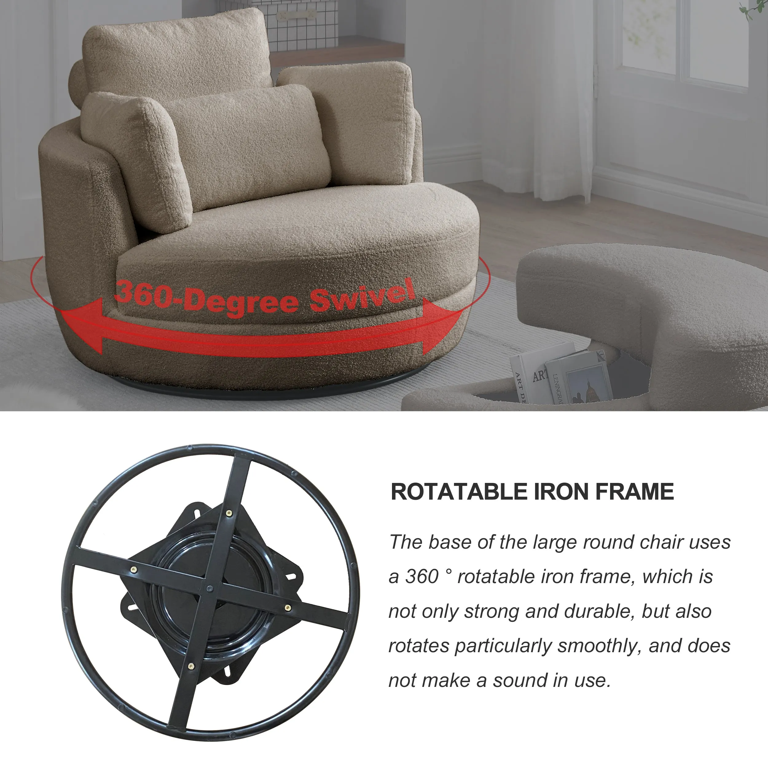 39"W Oversized Swivel Chair with moon storage ottoman for Living Room, Modern Accent Round Loveseat Circle Swivel Barrel Chairs for Bedroom Cuddle Sofa Chair Lounger Armchair, 4 Pillows, Teddy Fabric