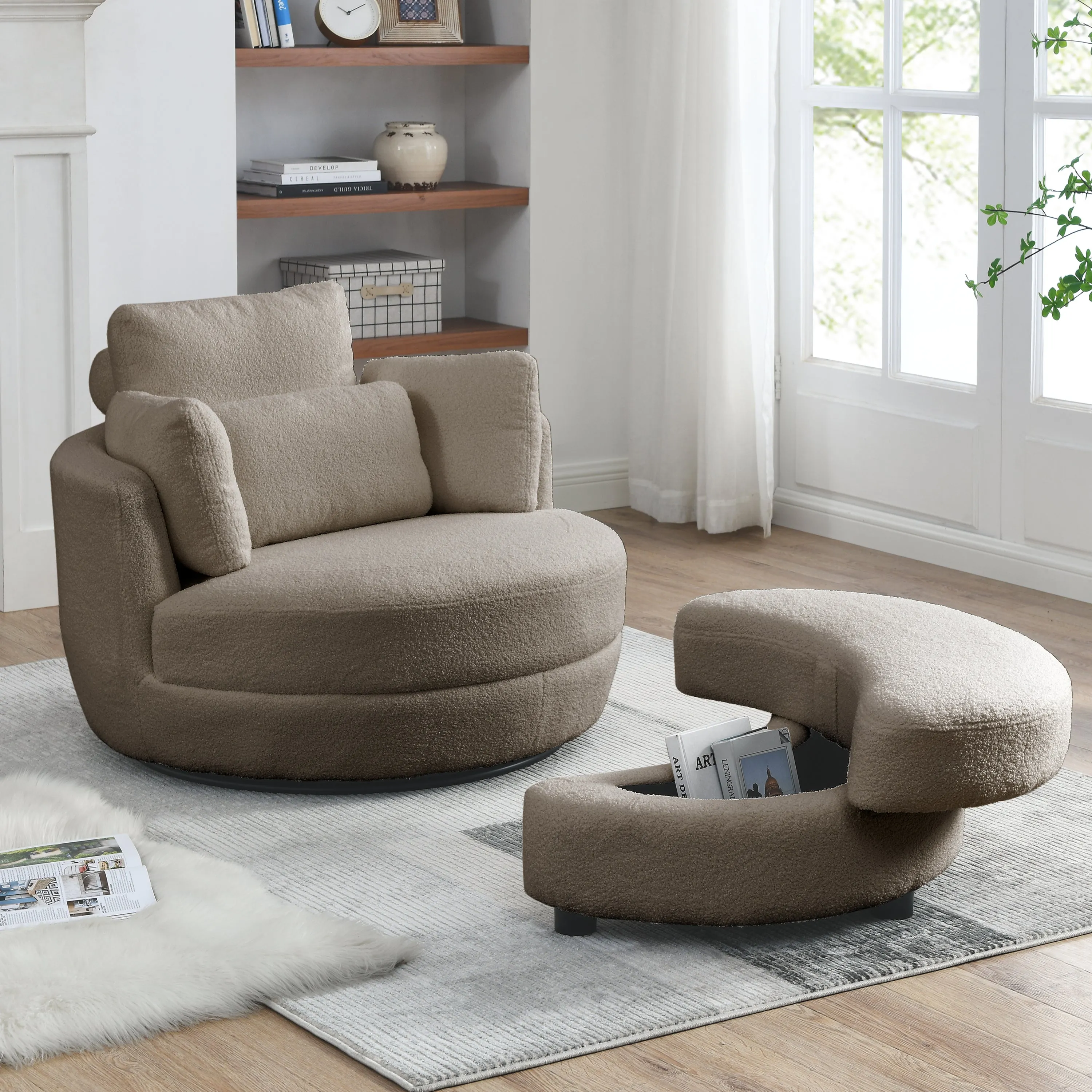 39"W Oversized Swivel Chair with moon storage ottoman for Living Room, Modern Accent Round Loveseat Circle Swivel Barrel Chairs for Bedroom Cuddle Sofa Chair Lounger Armchair, 4 Pillows, Teddy Fabric