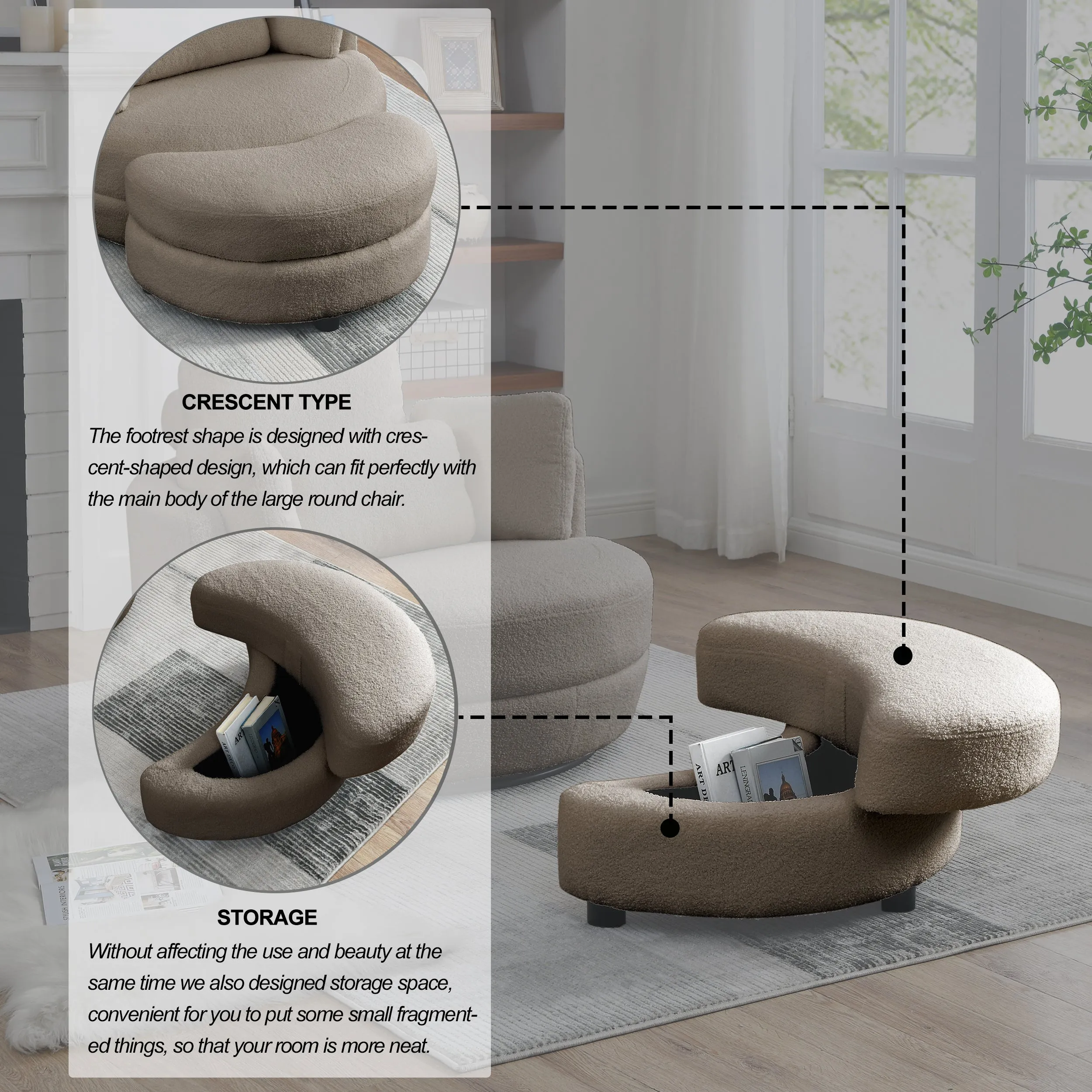 39"W Oversized Swivel Chair with moon storage ottoman for Living Room, Modern Accent Round Loveseat Circle Swivel Barrel Chairs for Bedroom Cuddle Sofa Chair Lounger Armchair, 4 Pillows, Teddy Fabric