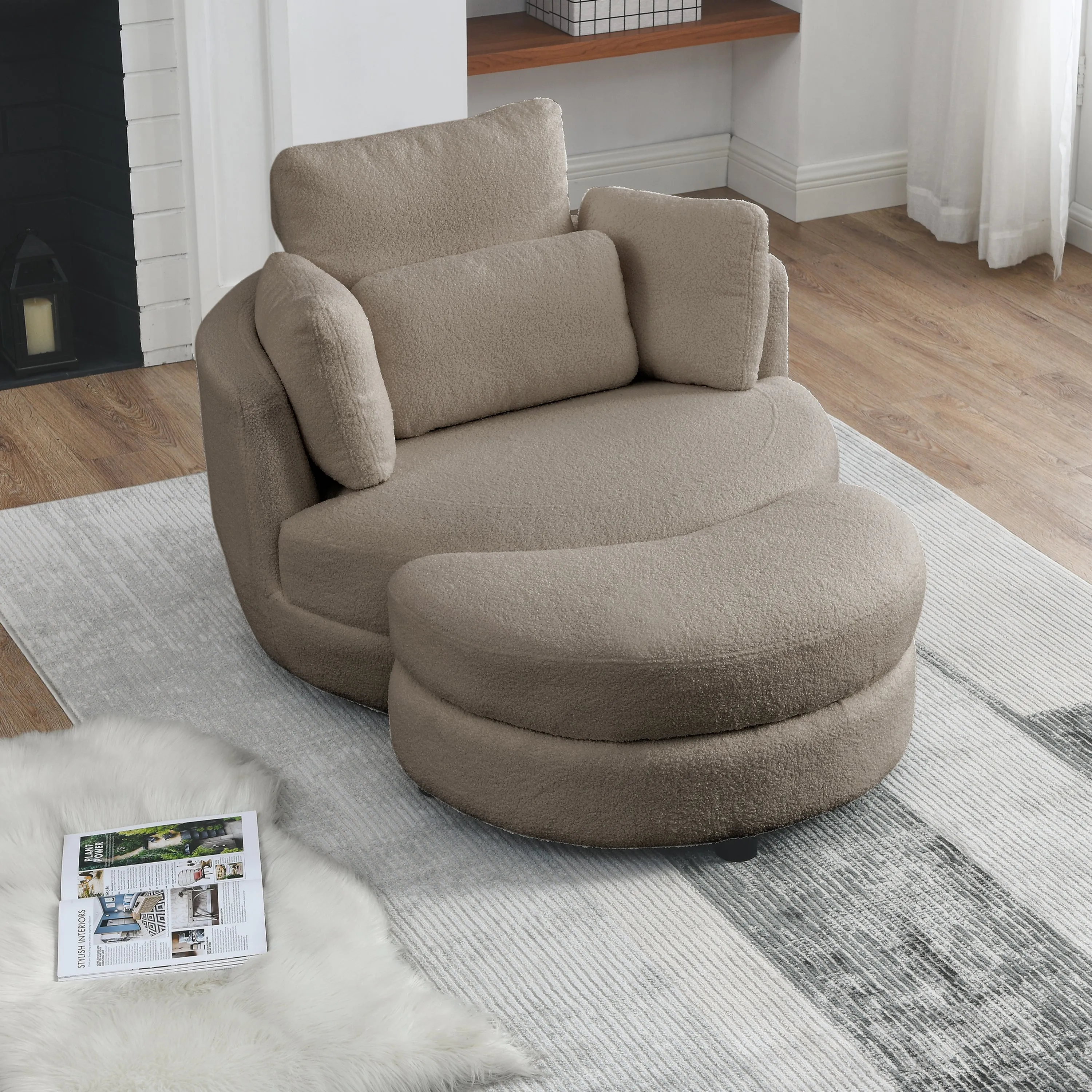 39"W Oversized Swivel Chair with moon storage ottoman for Living Room, Modern Accent Round Loveseat Circle Swivel Barrel Chairs for Bedroom Cuddle Sofa Chair Lounger Armchair, 4 Pillows, Teddy Fabric