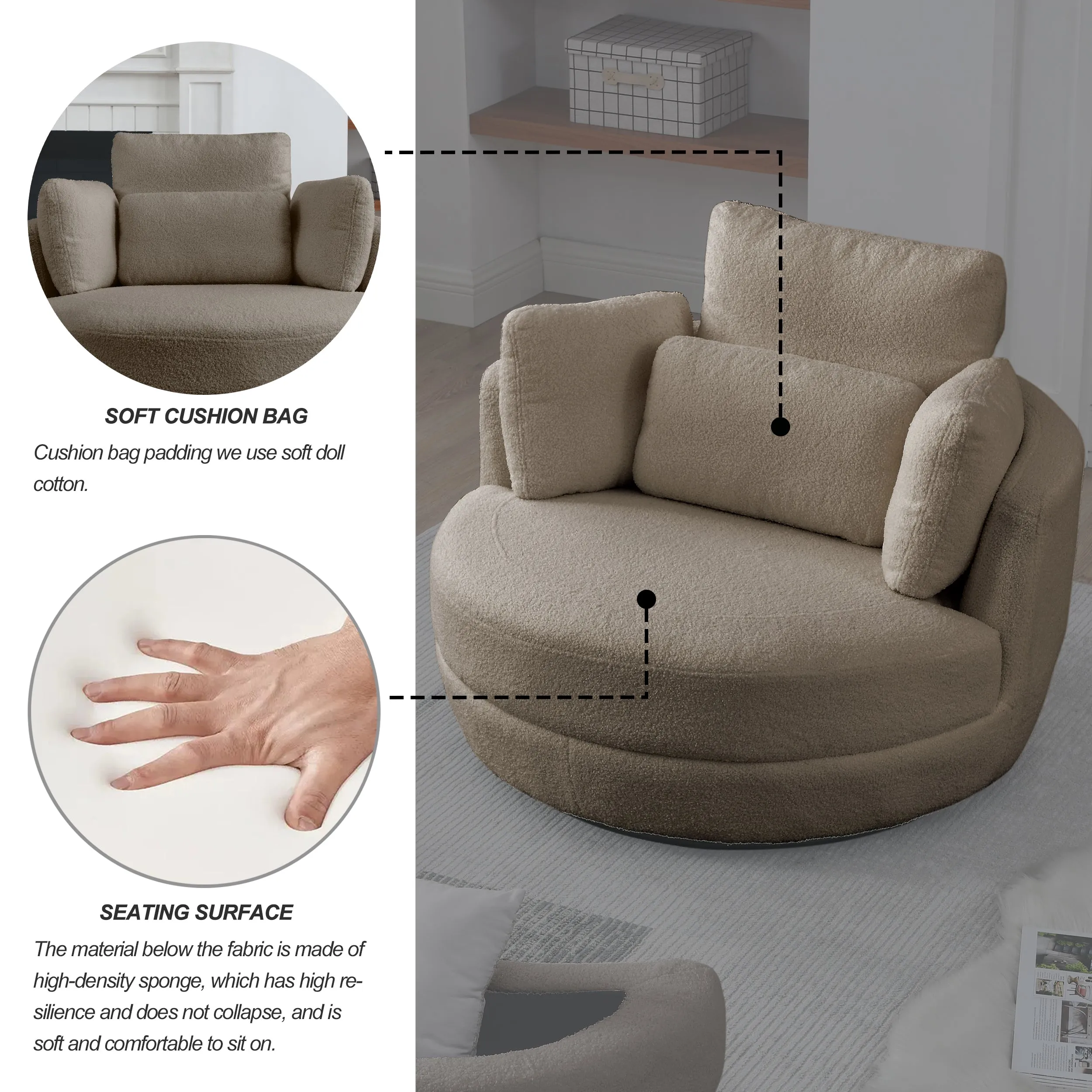 39"W Oversized Swivel Chair with moon storage ottoman for Living Room, Modern Accent Round Loveseat Circle Swivel Barrel Chairs for Bedroom Cuddle Sofa Chair Lounger Armchair, 4 Pillows, Teddy Fabric