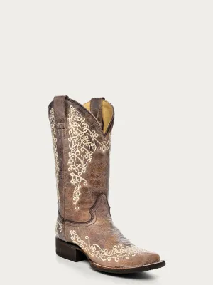 A2663 - WOMEN'S BONE COLOR FLORAL EMBROIDERY SQUARE TOE COWBOY BOOT