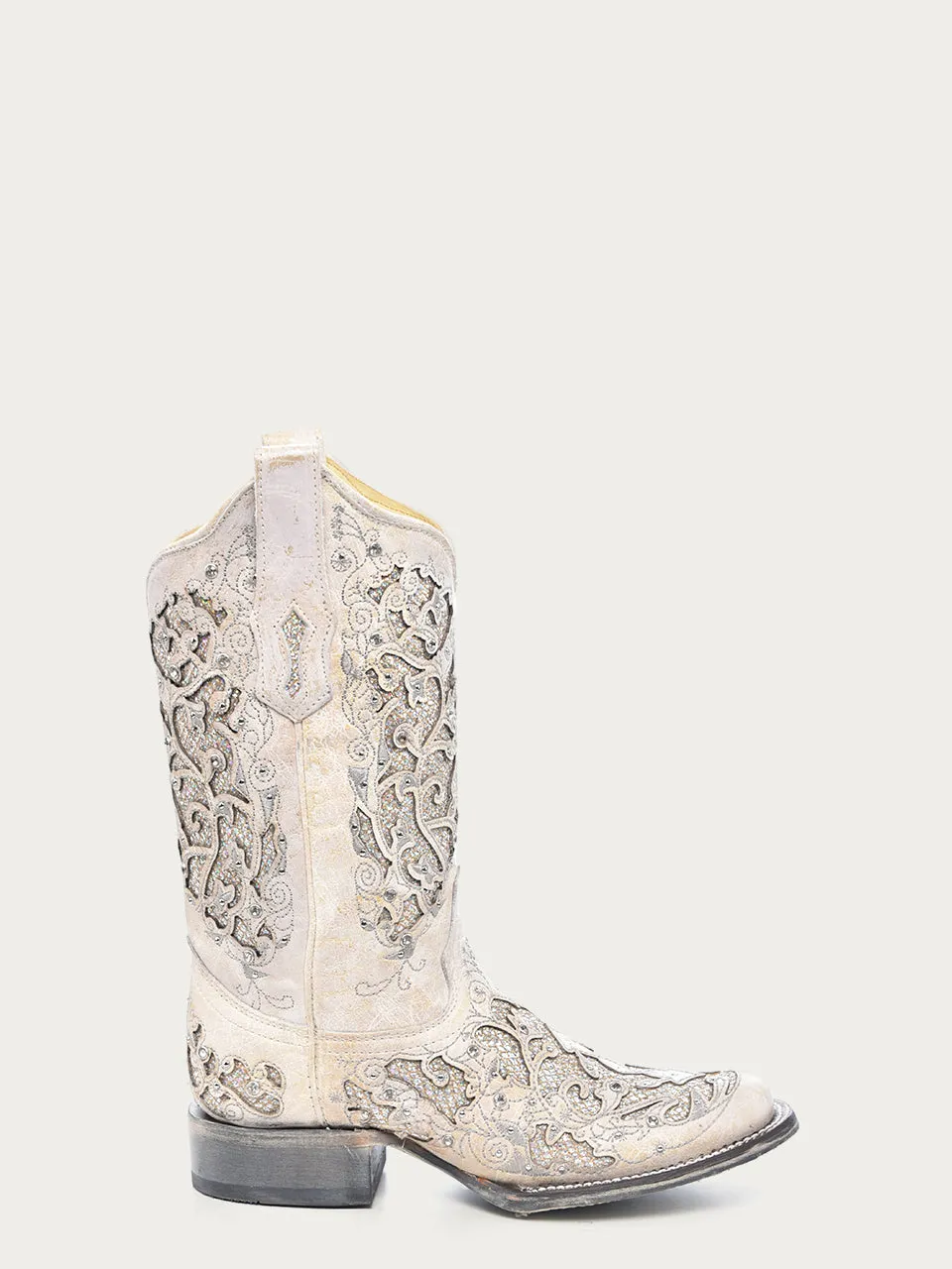 A3397 - WOMEN'S WHITE GLITTERED INLAY AND CRYSTALS SQUARE TOE WEDDING COWBOY BOOT