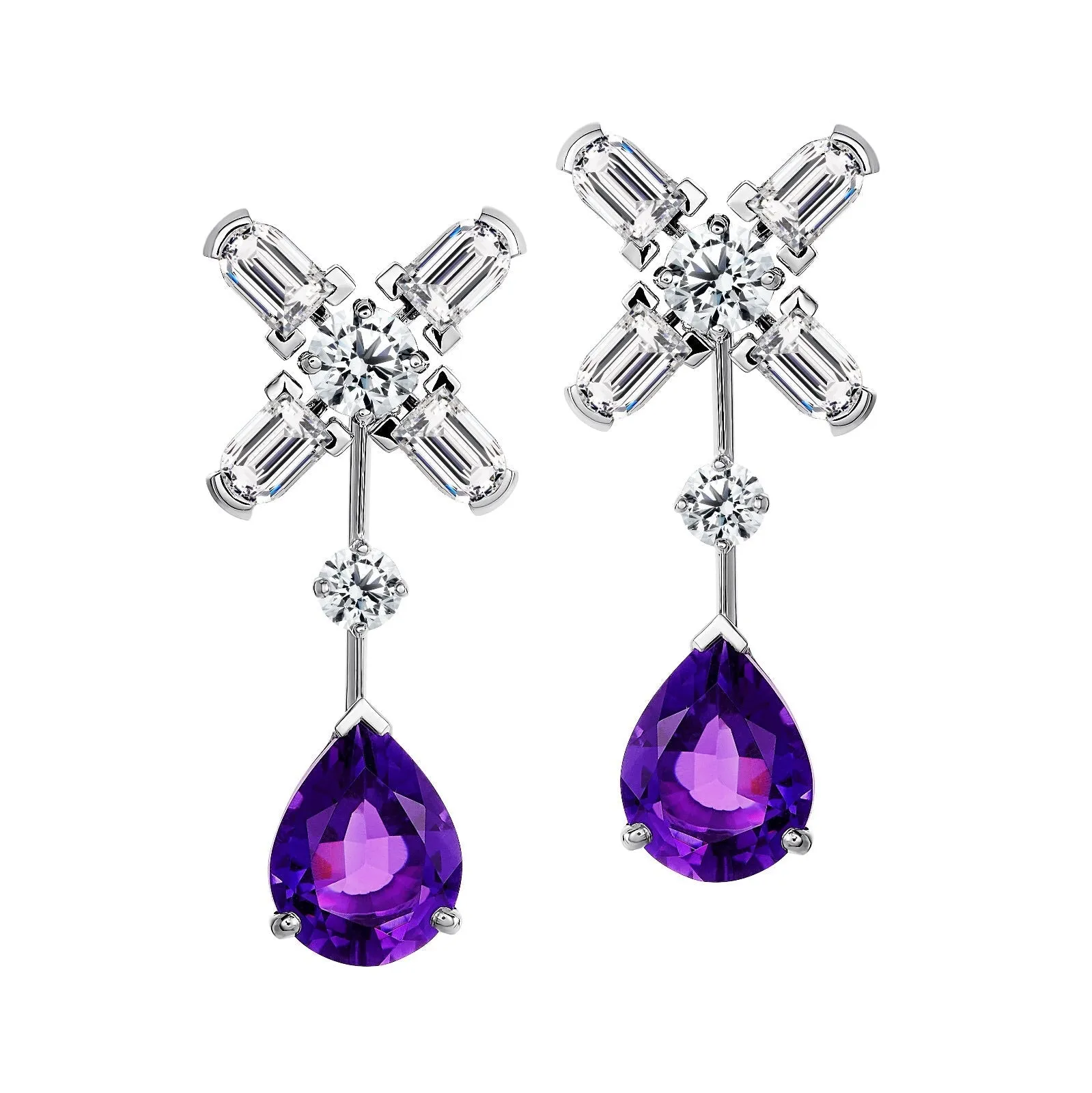 Arch Florale MM Stud Earrings, 18k White Gold with DAVIDOR Arch Cut Diamonds, Brilliant Diamonds and Amethyst Pear Shaped Drops