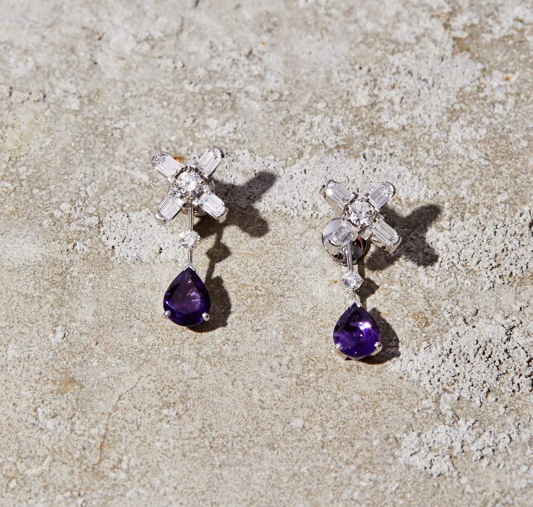 Arch Florale MM Stud Earrings, 18k White Gold with DAVIDOR Arch Cut Diamonds, Brilliant Diamonds and Amethyst Pear Shaped Drops