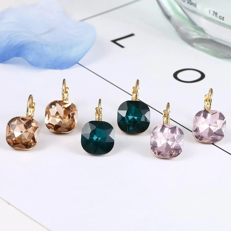 E0257 Fashion Simple Austrian Crystal Dangle Earrings For Women Gold Color Square Shaped Shinning Drop Earrings Female Jewelry