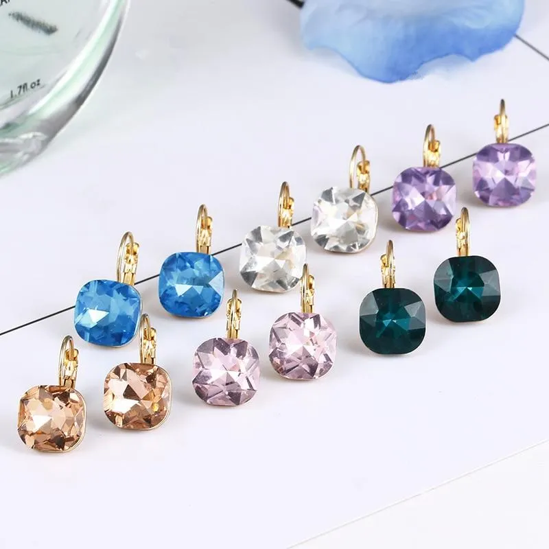 E0257 Fashion Simple Austrian Crystal Dangle Earrings For Women Gold Color Square Shaped Shinning Drop Earrings Female Jewelry