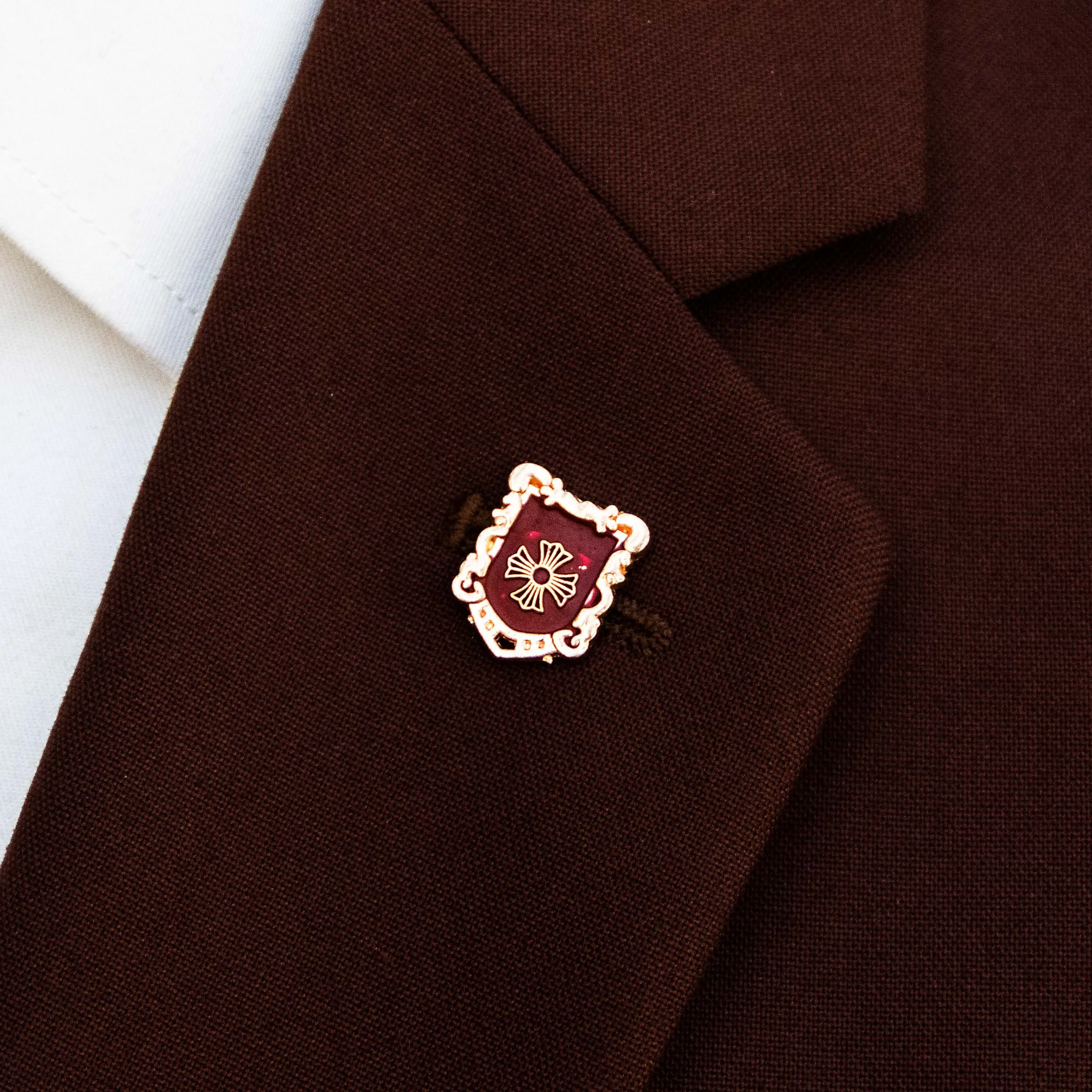 IRON CROSS KNIGHT SHieLD – Maroon AND GOLD LAPEL PINS