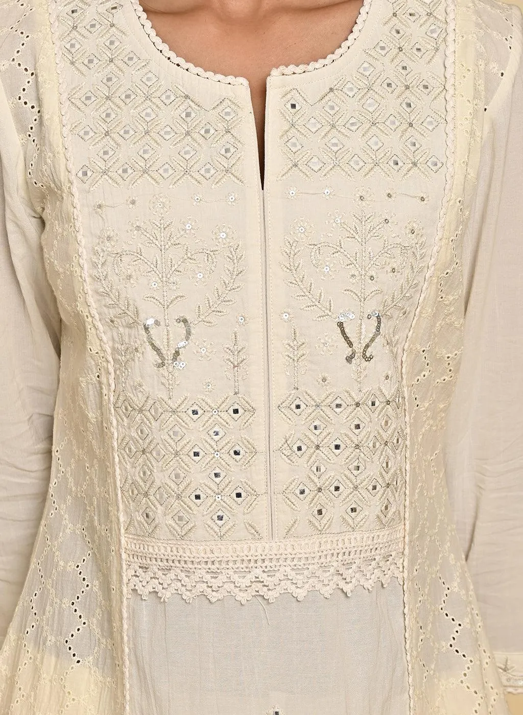 Ivory Mirror and Embroidery Long Kurta