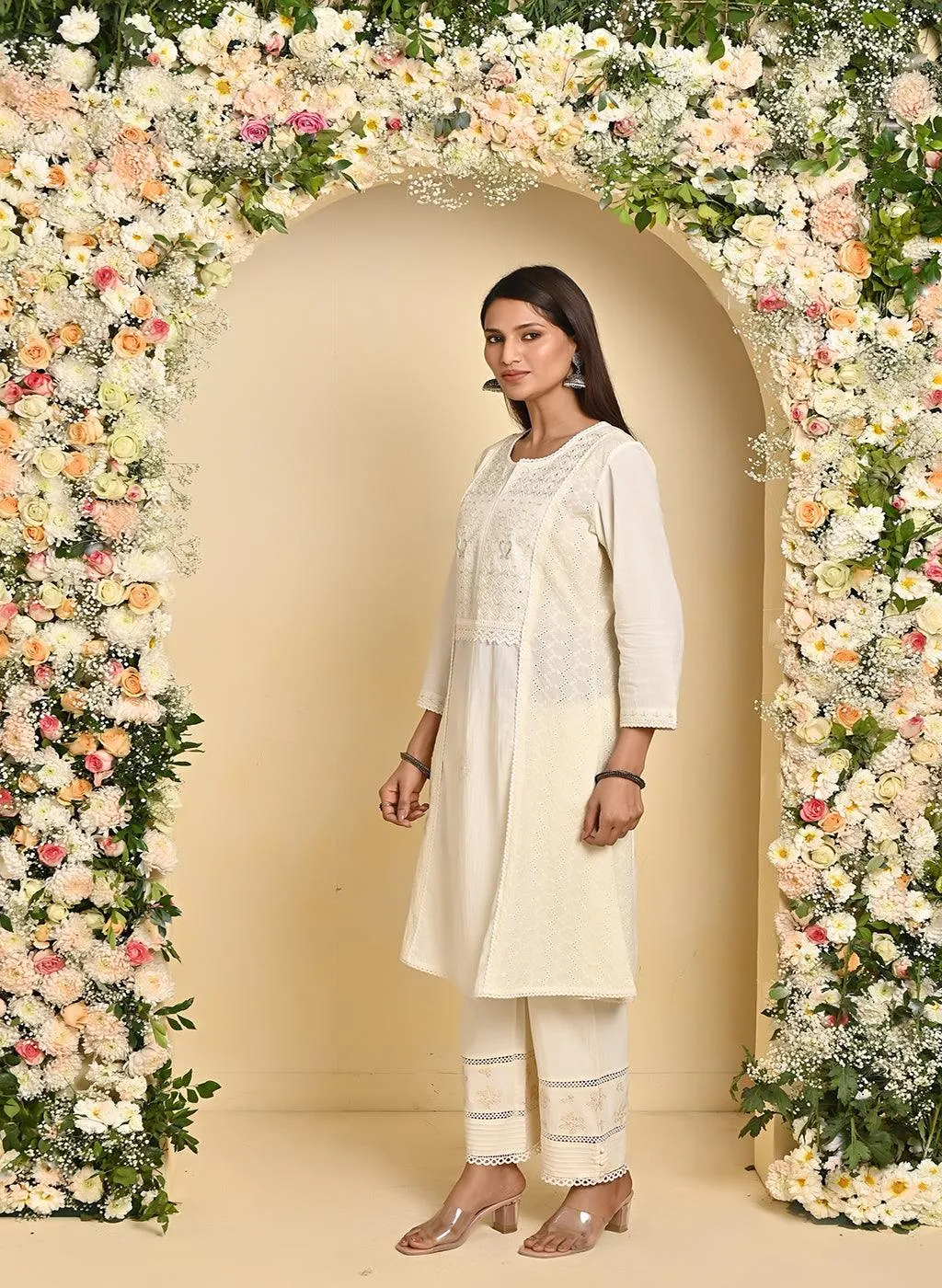 Ivory Mirror and Embroidery Long Kurta