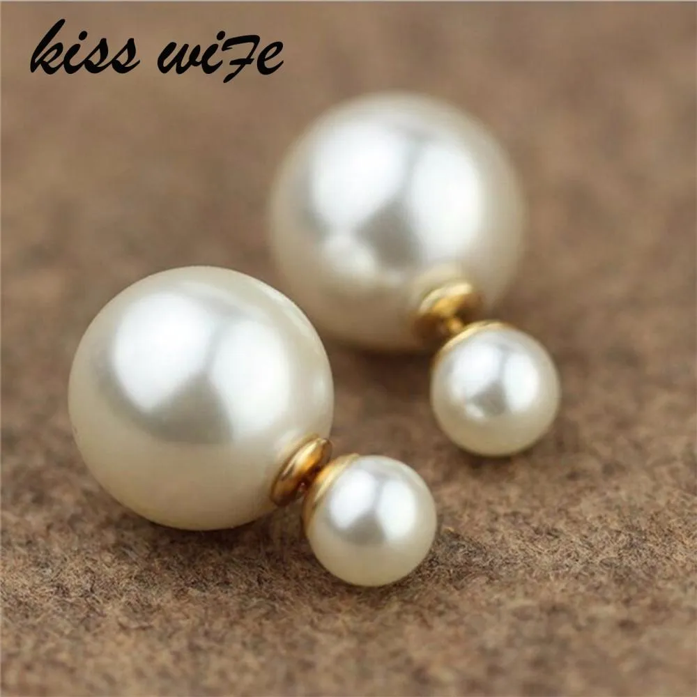 KISS WIFE 2018 New Fashion Paragraph Hot Selling Earrings Double Side Shining Pearl Stud Earrings Big Pearl Earrings For Women