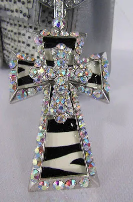 Large Zebra & Rhinestone Cross Pendant