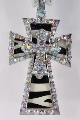 Large Zebra & Rhinestone Cross Pendant