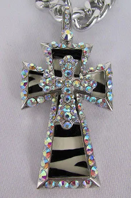 Large Zebra & Rhinestone Cross Pendant