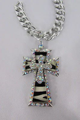 Large Zebra & Rhinestone Cross Pendant