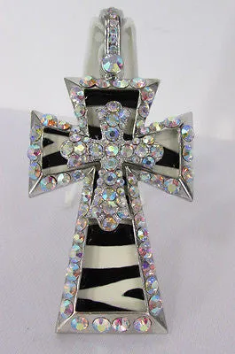 Large Zebra & Rhinestone Cross Pendant