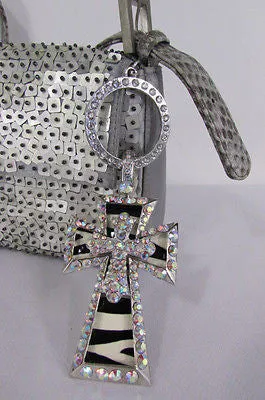 Large Zebra & Rhinestone Cross Pendant