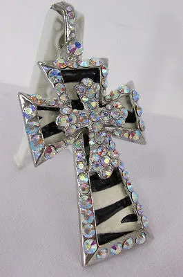 Large Zebra & Rhinestone Cross Pendant