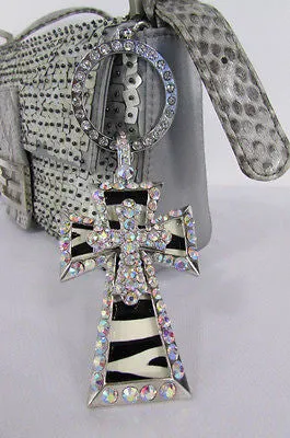 Large Zebra & Rhinestone Cross Pendant