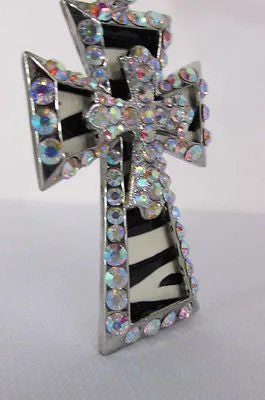 Large Zebra & Rhinestone Cross Pendant