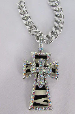 Large Zebra & Rhinestone Cross Pendant