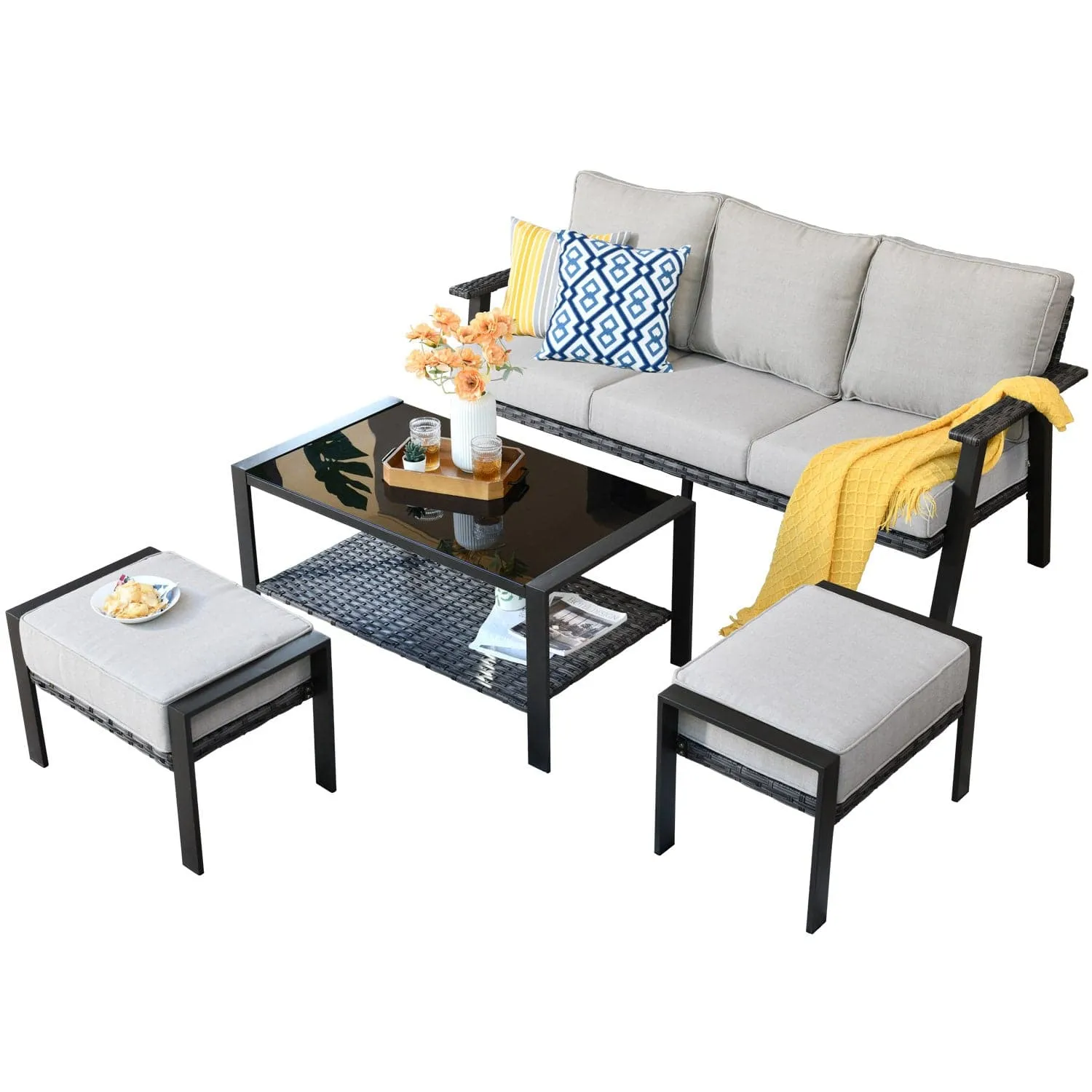 Ovios Outdoor Bistro Table Set 4 Piece with 5'' Cushion, Olefin Fabric