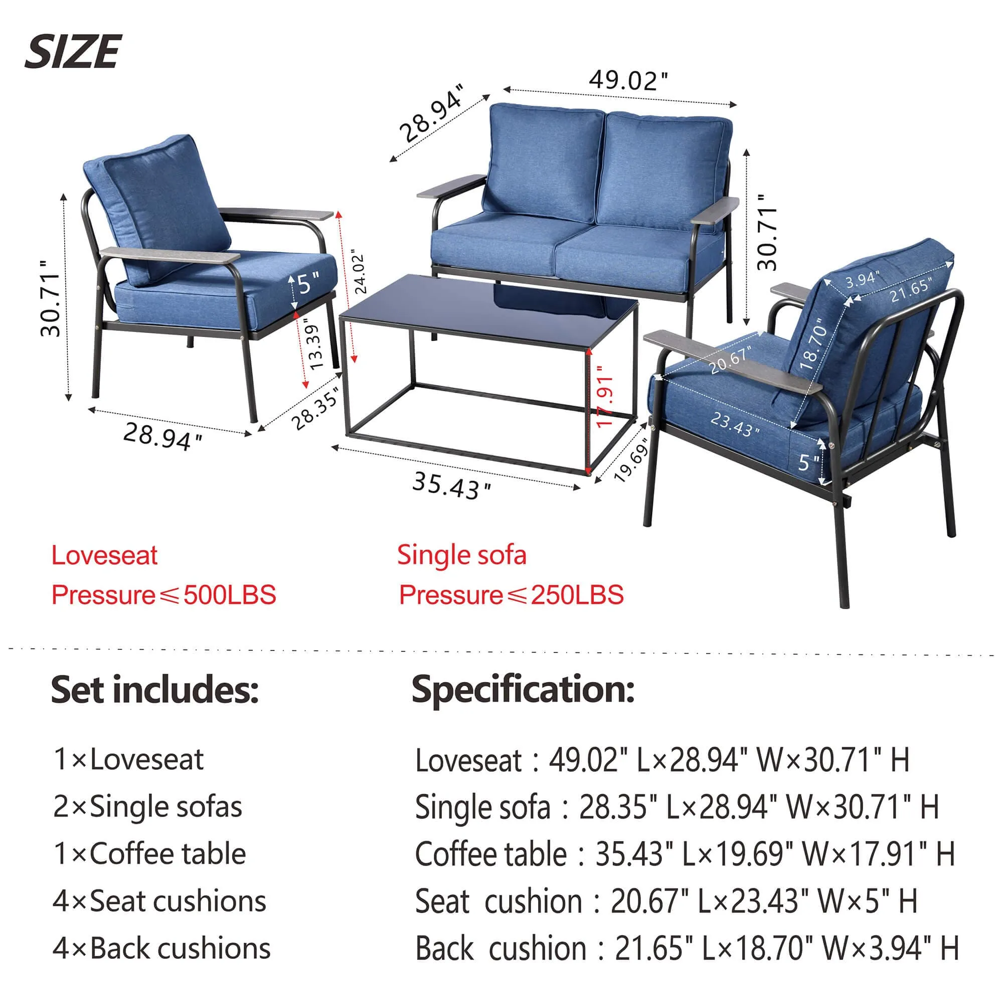 Ovios Outdoor Bistro Table Set 4 Piece with 5'' Cushion, Olefin Fabric