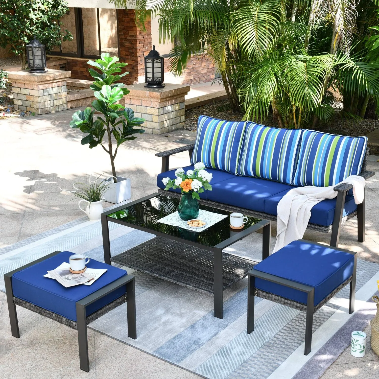 Ovios Outdoor Bistro Table Set 4 Piece with 5'' Cushion, Olefin Fabric