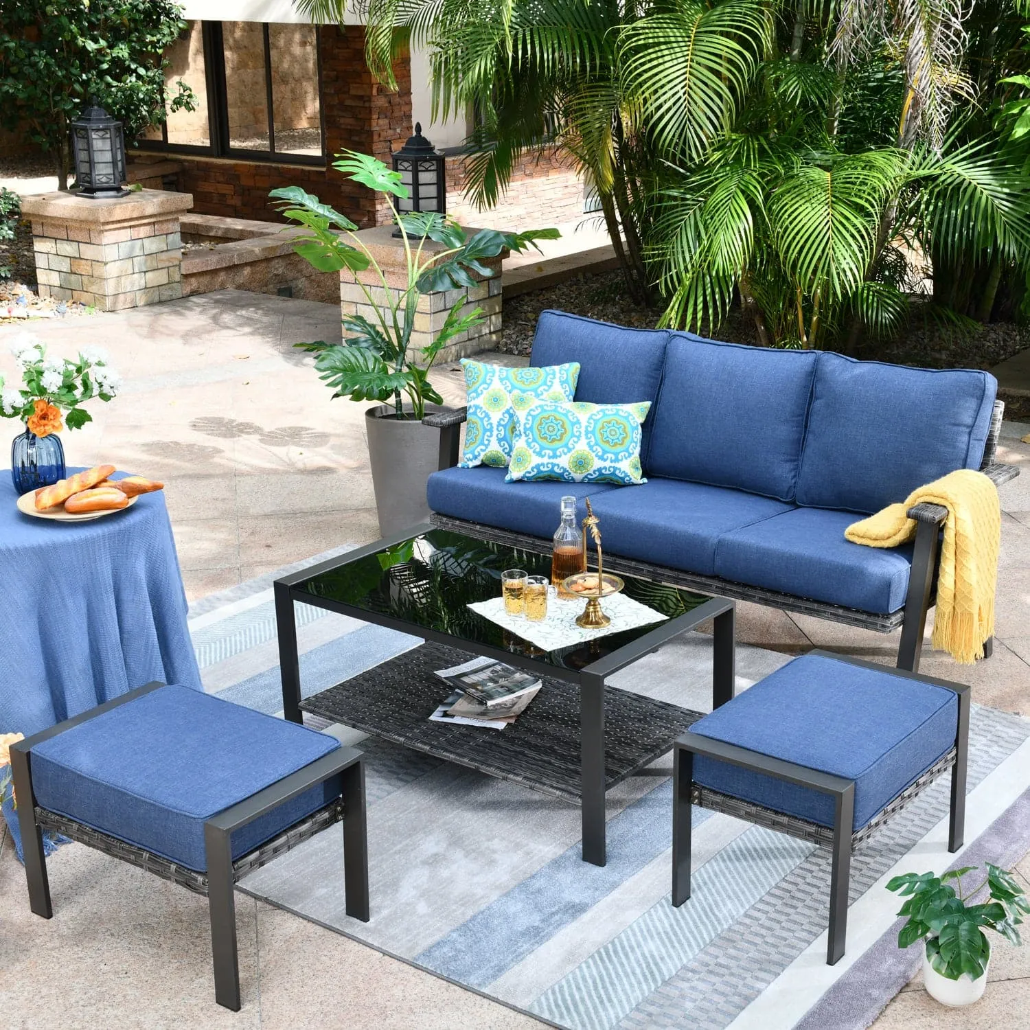 Ovios Outdoor Bistro Table Set 4 Piece with 5'' Cushion, Olefin Fabric