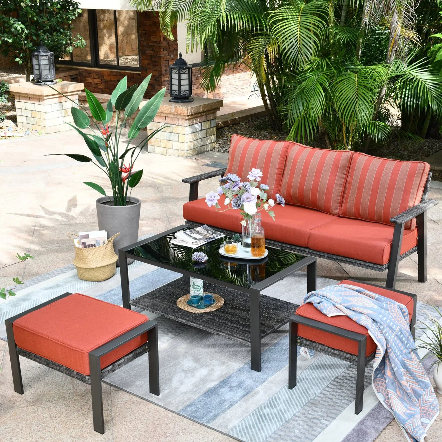 Ovios Outdoor Bistro Table Set 4 Piece with 5'' Cushion, Olefin Fabric