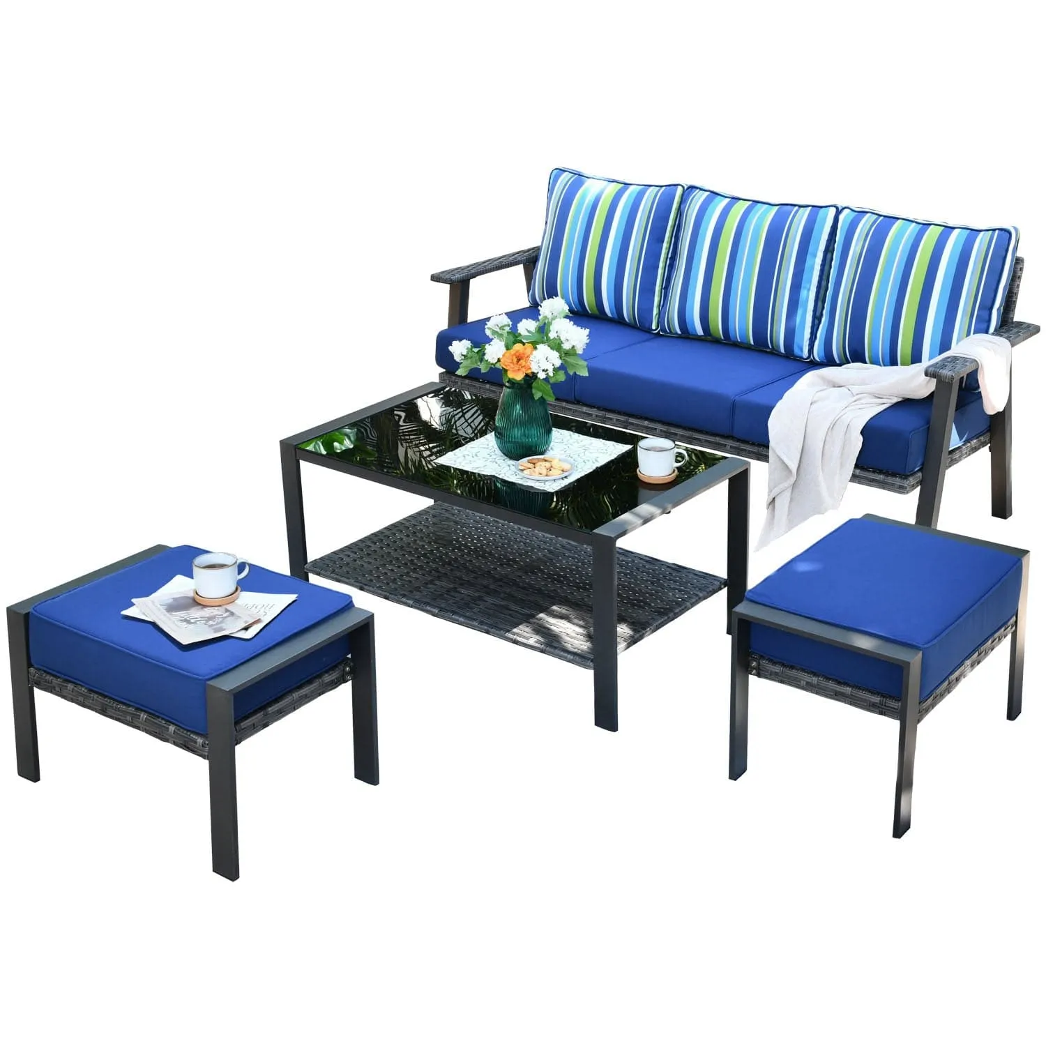 Ovios Outdoor Bistro Table Set 4 Piece with 5'' Cushion, Olefin Fabric