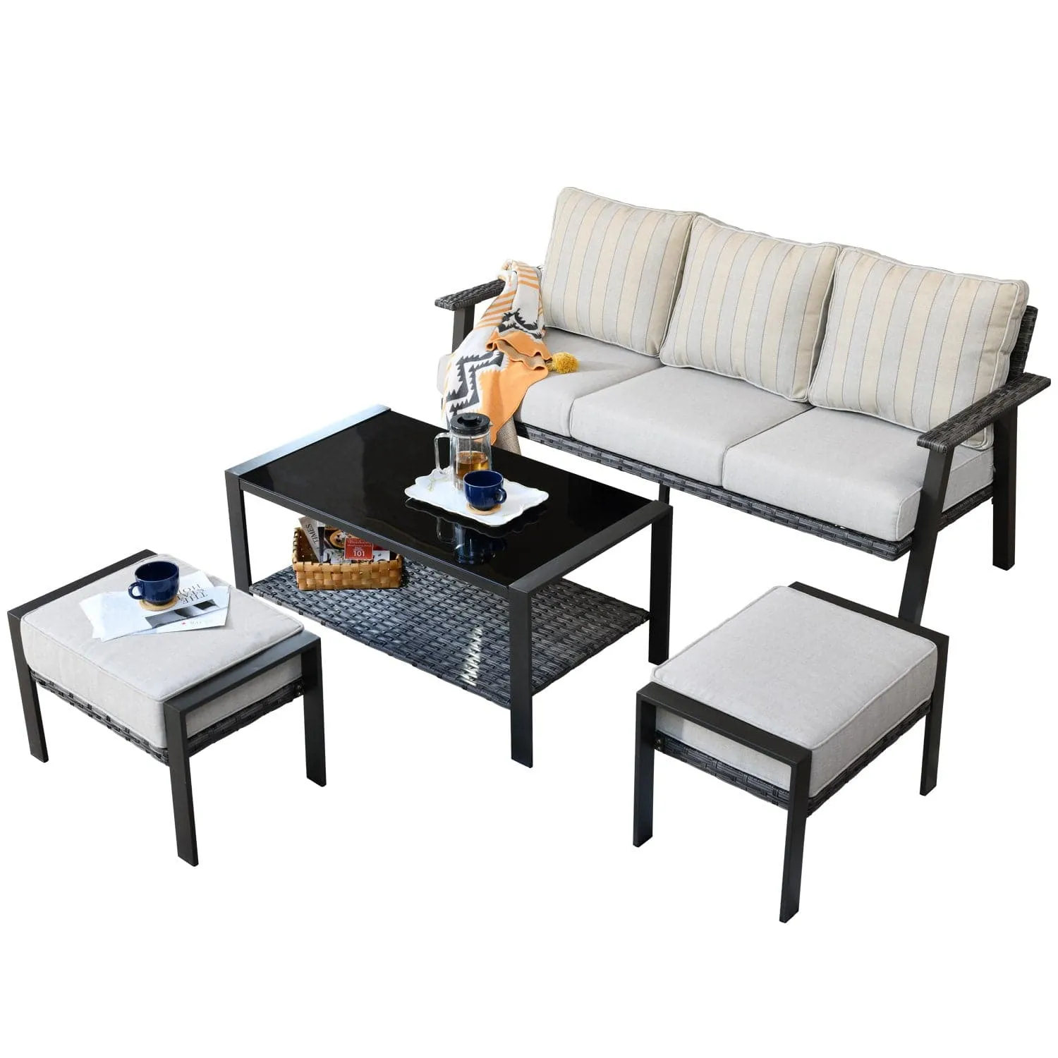 Ovios Outdoor Bistro Table Set 4 Piece with 5'' Cushion, Olefin Fabric