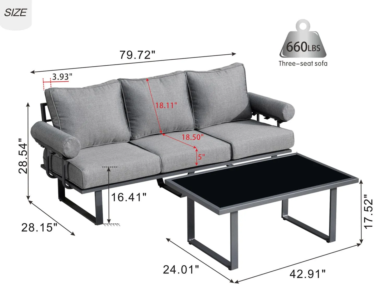 Ovios Patio Bistro Set Couch with Table, Aluminum Frame, 5'' Cushion