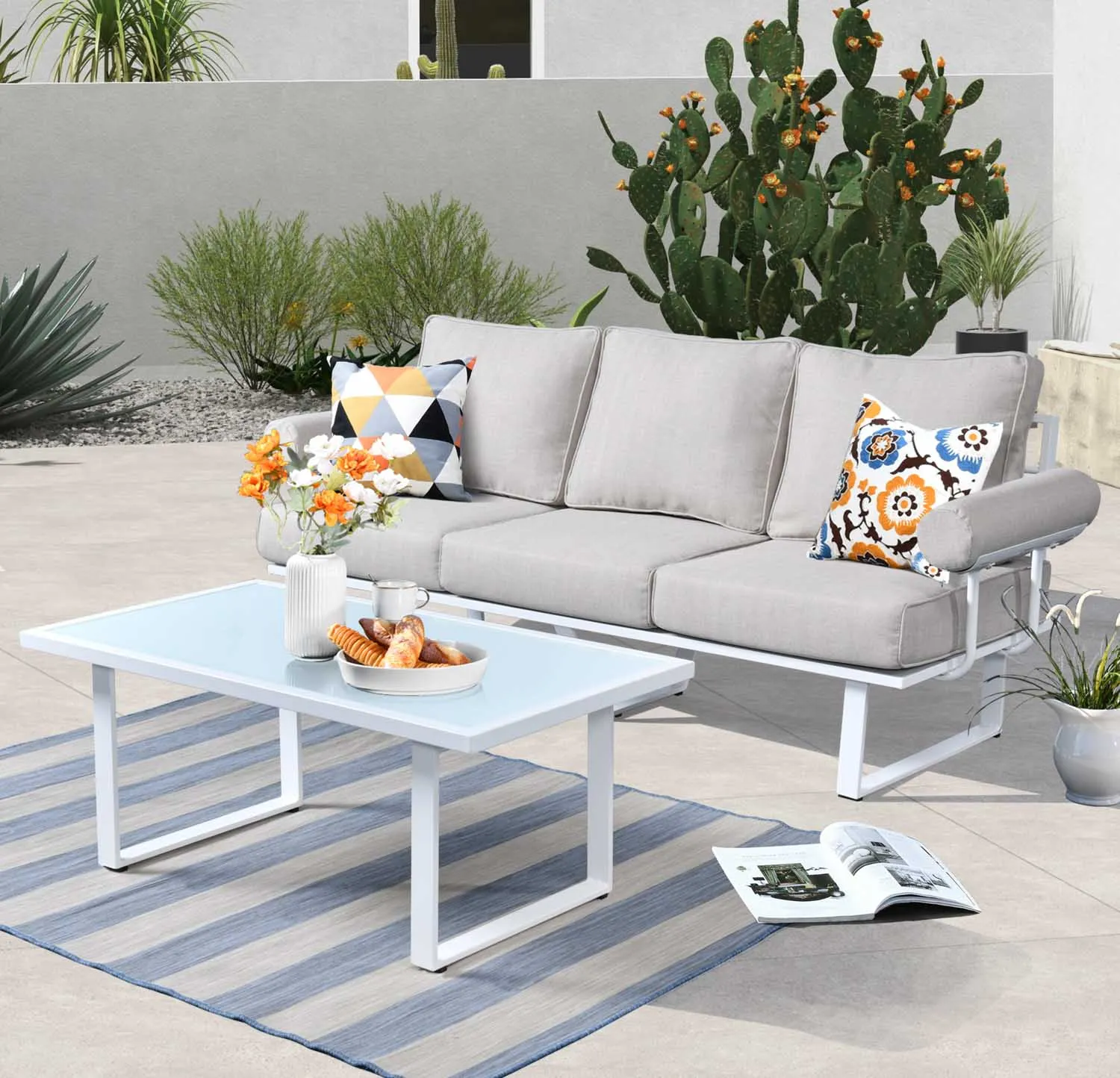 Ovios Patio Bistro Set Couch with Table, Aluminum Frame, 5'' Cushion