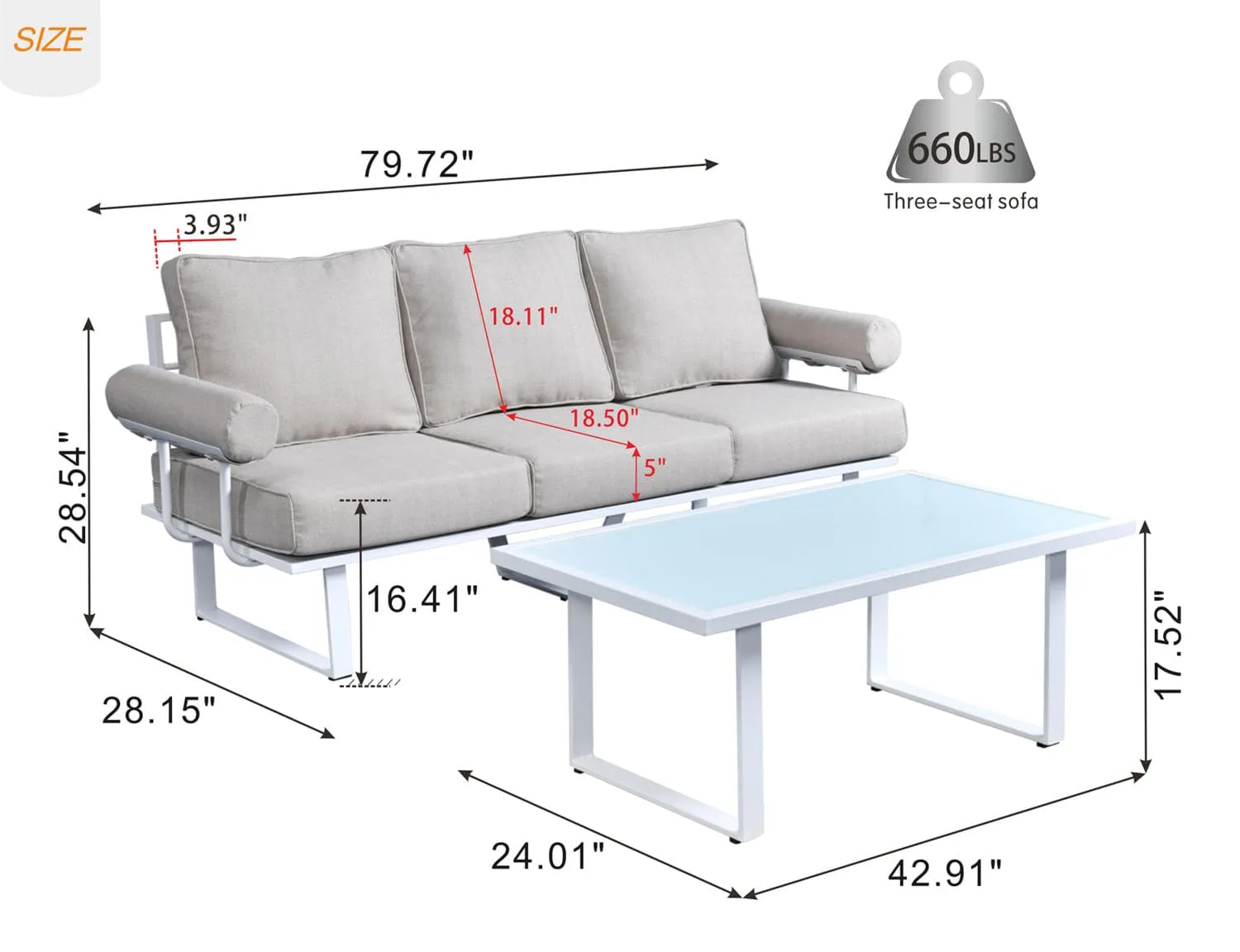 Ovios Patio Bistro Set Couch with Table, Aluminum Frame, 5'' Cushion