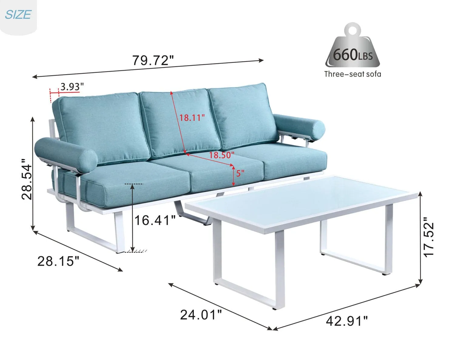 Ovios Patio Bistro Set Couch with Table, Aluminum Frame, 5'' Cushion