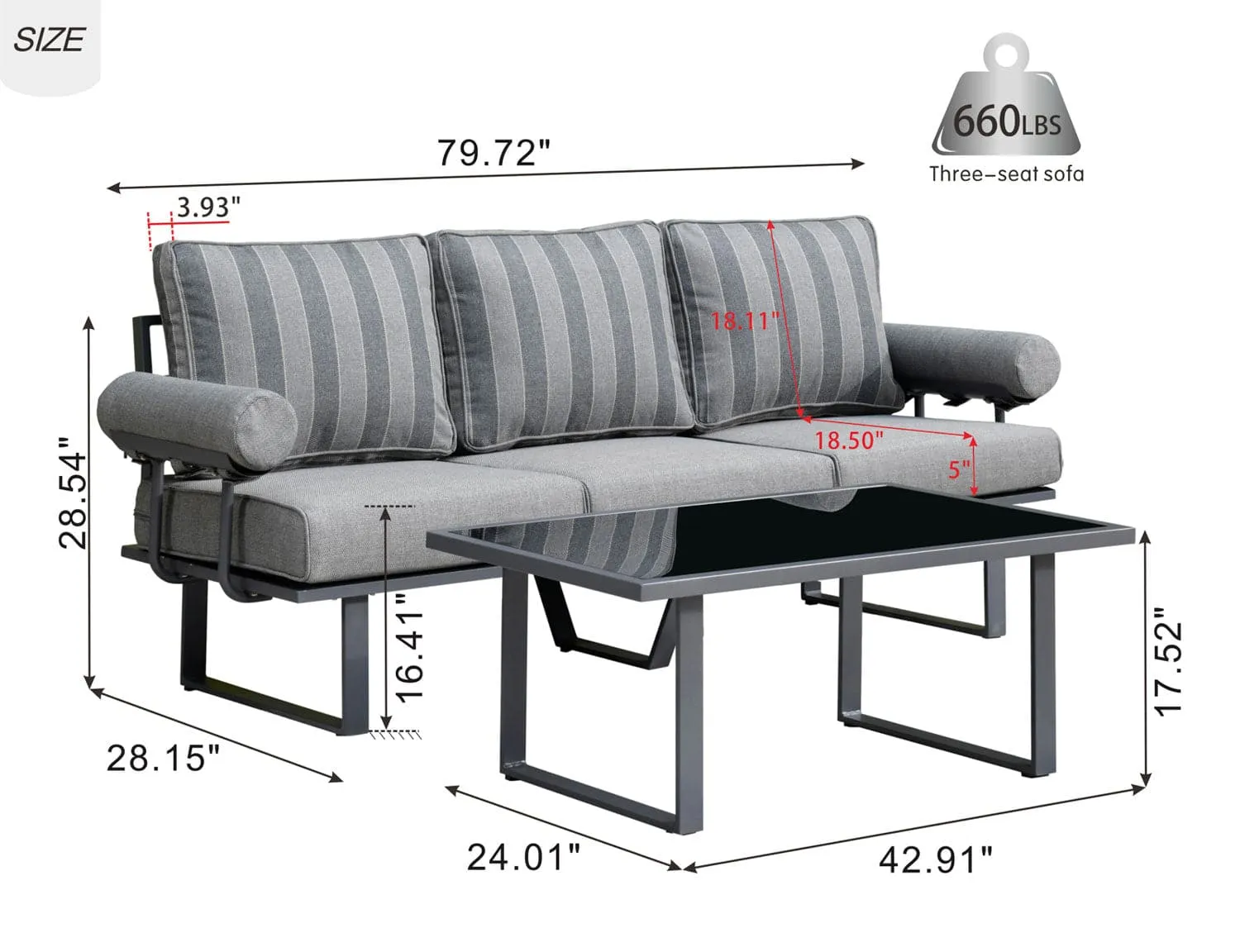 Ovios Patio Bistro Set Couch with Table, Aluminum Frame, 5'' Cushion