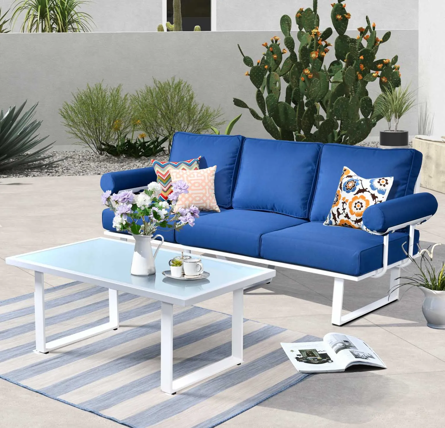 Ovios Patio Bistro Set Couch with Table, Aluminum Frame, 5'' Cushion