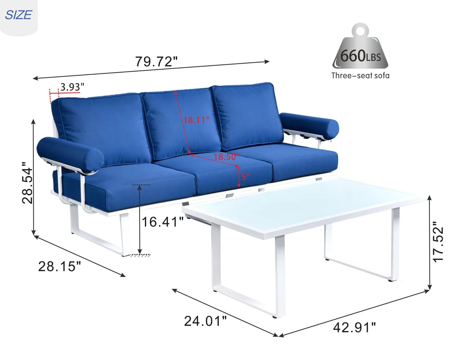 Ovios Patio Bistro Set Couch with Table, Aluminum Frame, 5'' Cushion